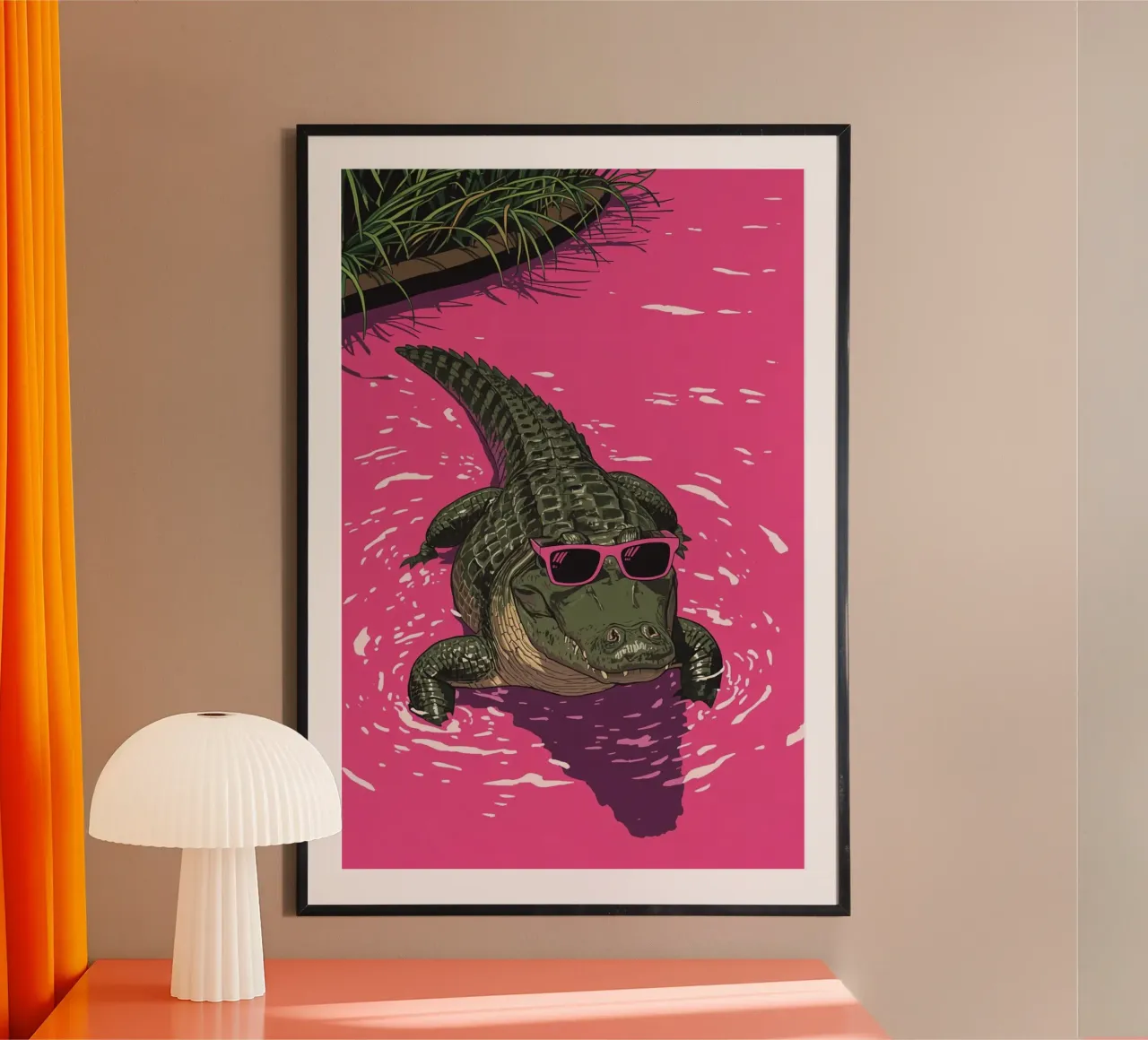 Alligatore in acqua rosa che indossa occhiali da sole poster da DesignDoodle
