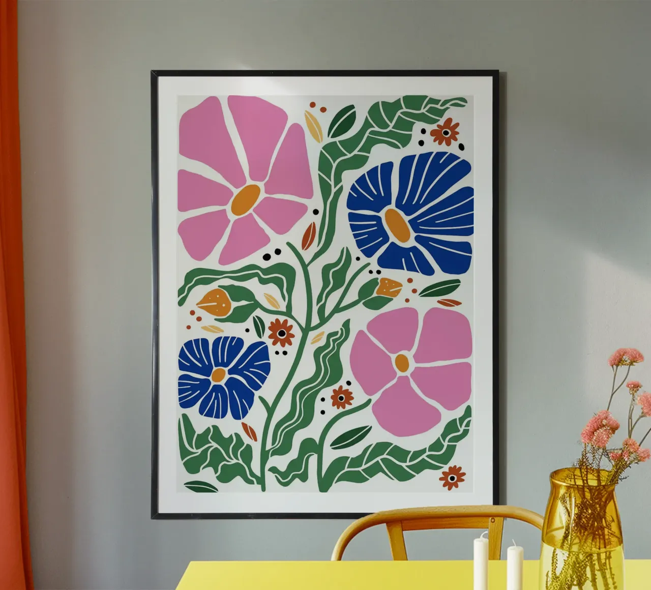 Motivo floreale con fiori rosa e blu poster con telaio in plastica da Charlotte Gagnon