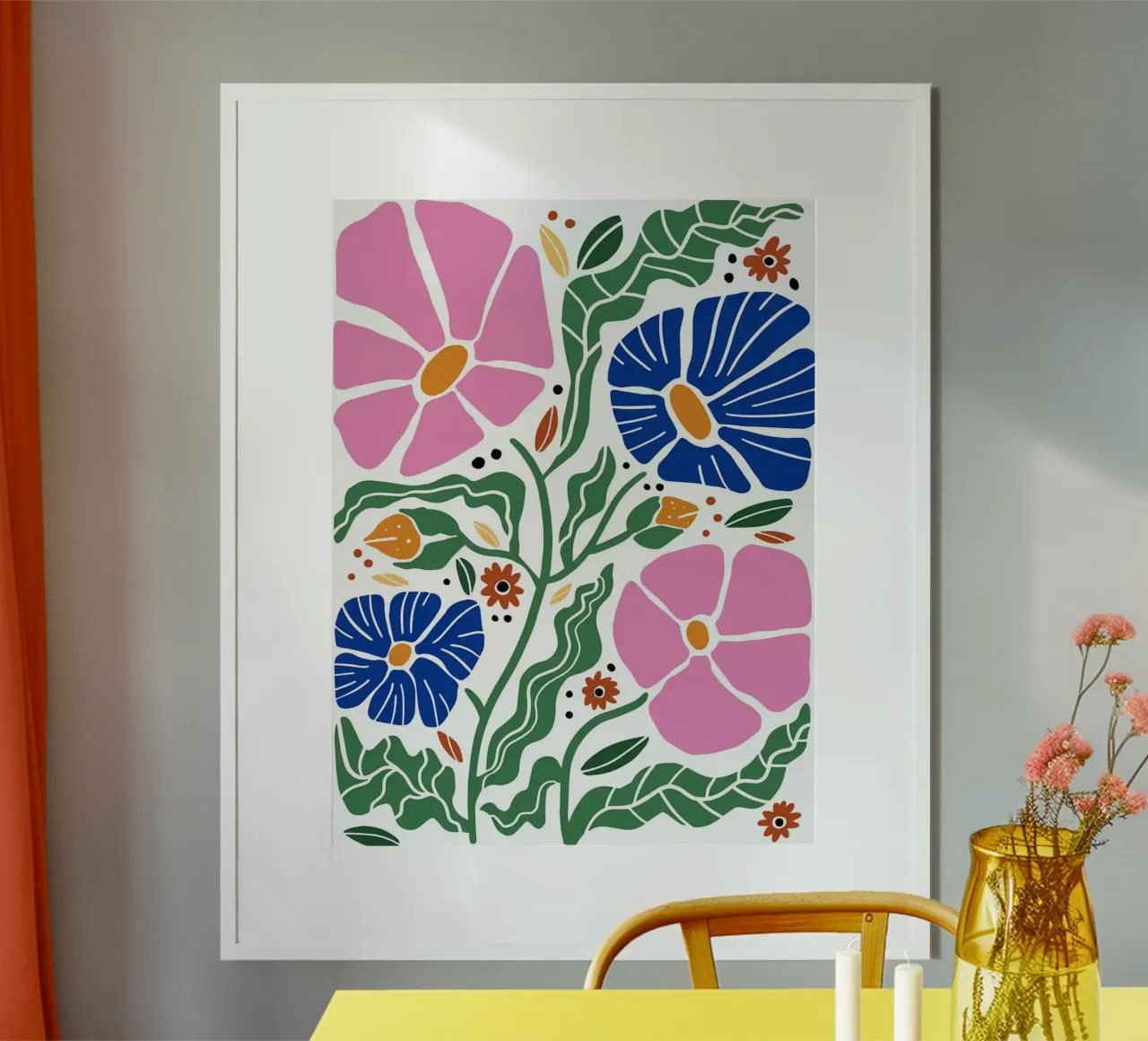 Motivo floreale con fiori rosa e blu poster con telaio in plastica da Charlotte Gagnon