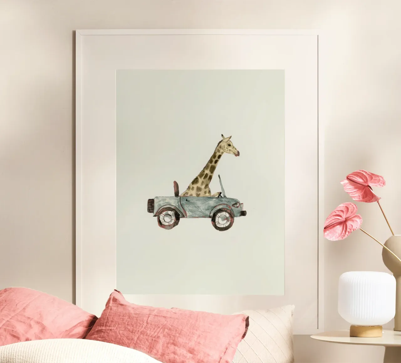 Giraffe in car poster con telaio in legno da muench benjamin