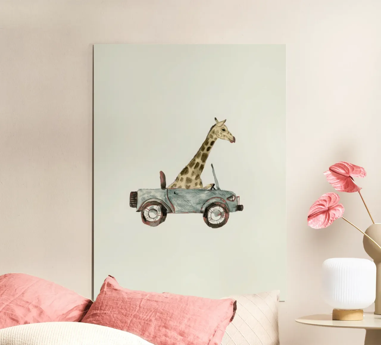 Giraffe in car poster con telaio in legno da muench benjamin