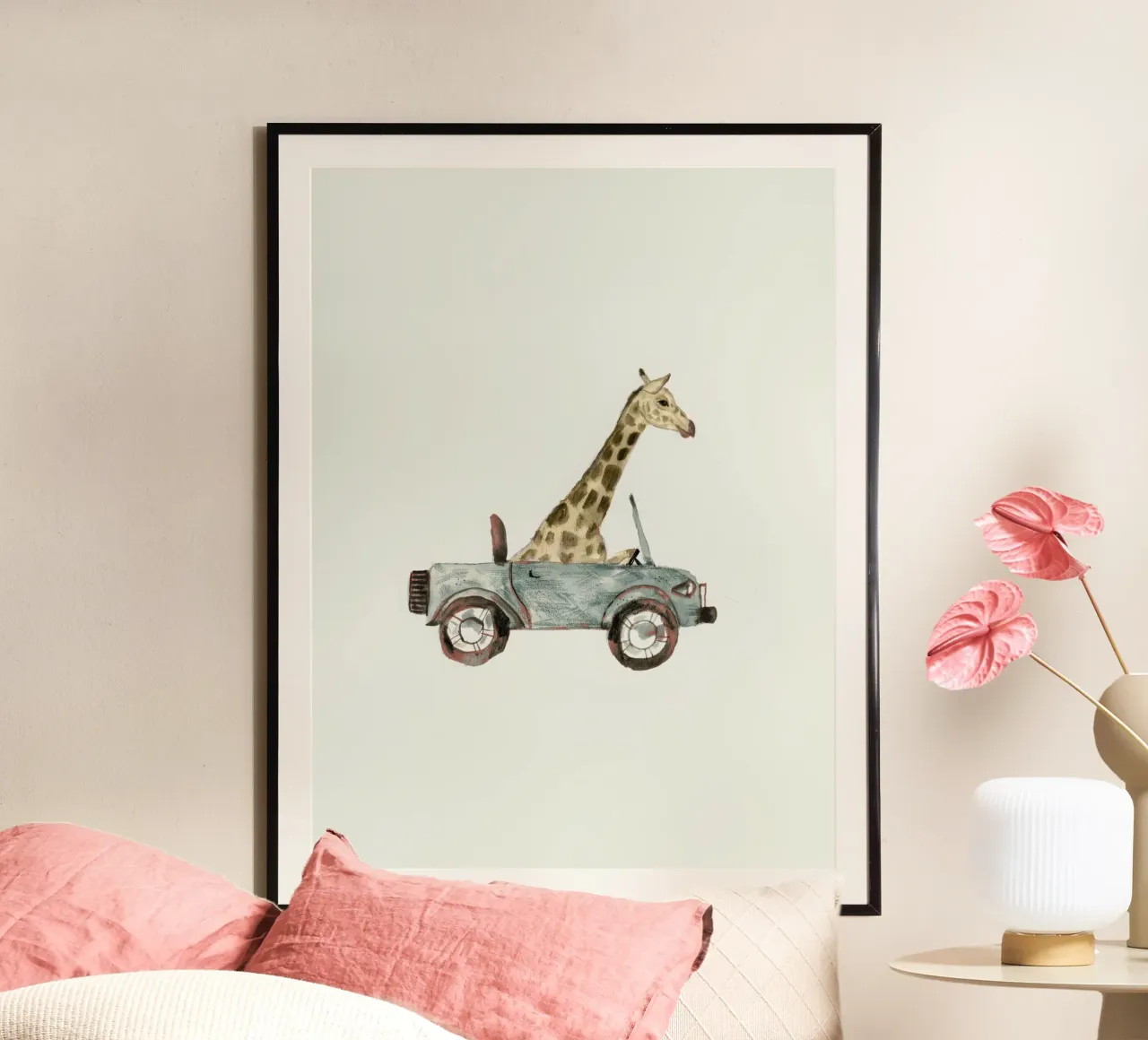 Giraffe in car poster con telaio in legno da muench benjamin