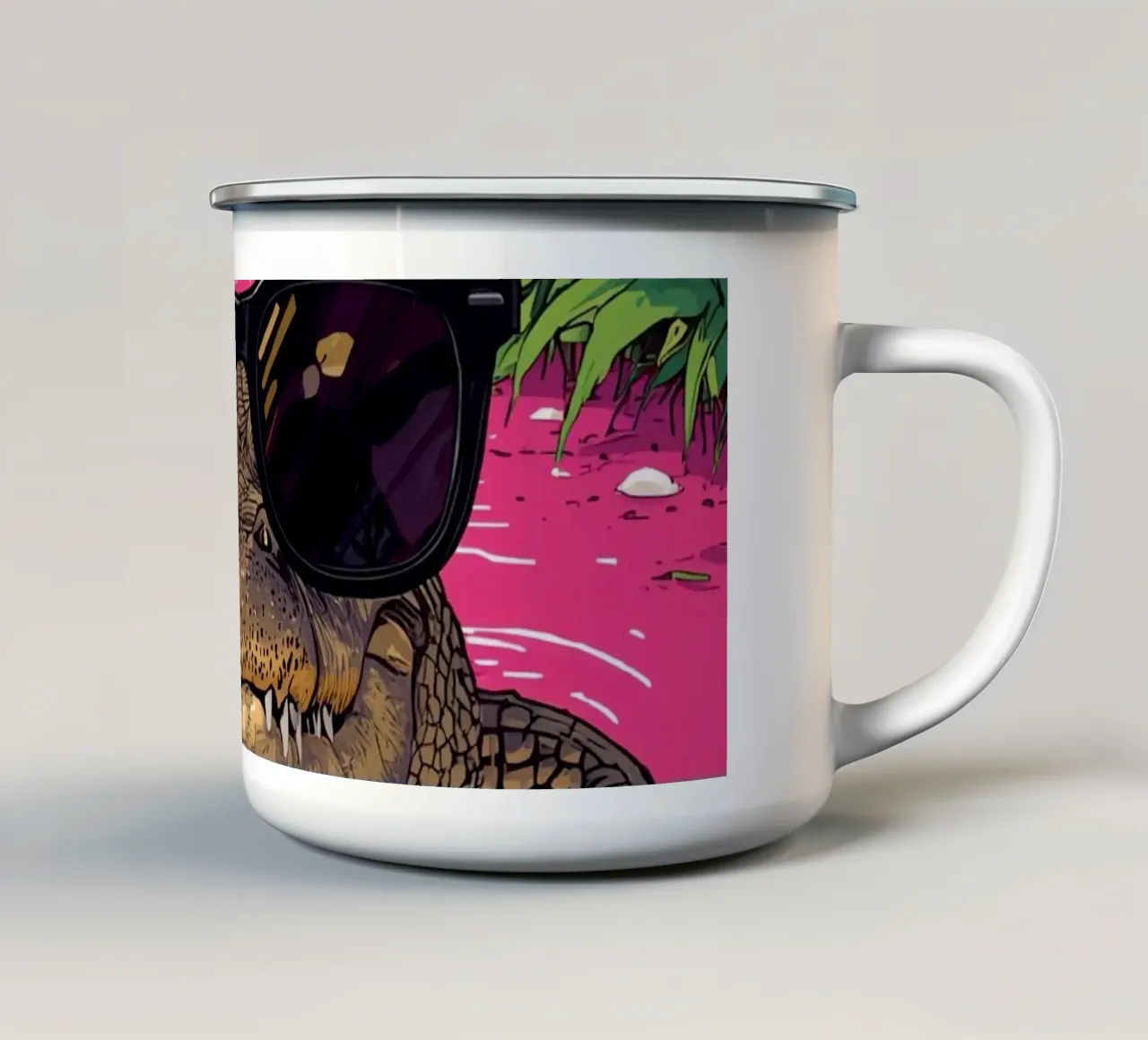Alligatore con occhiali da sole in acqua rosa Paesaggio tropicale tazza in smalto da DesignDoodle