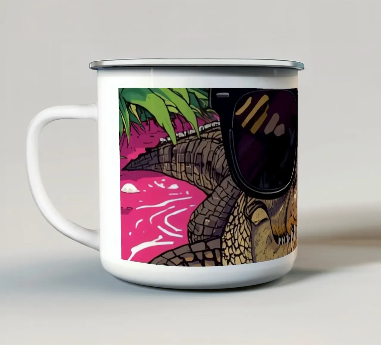 Alligatore con occhiali da sole in acqua rosa Paesaggio tropicale tazza in smalto da DesignDoodle