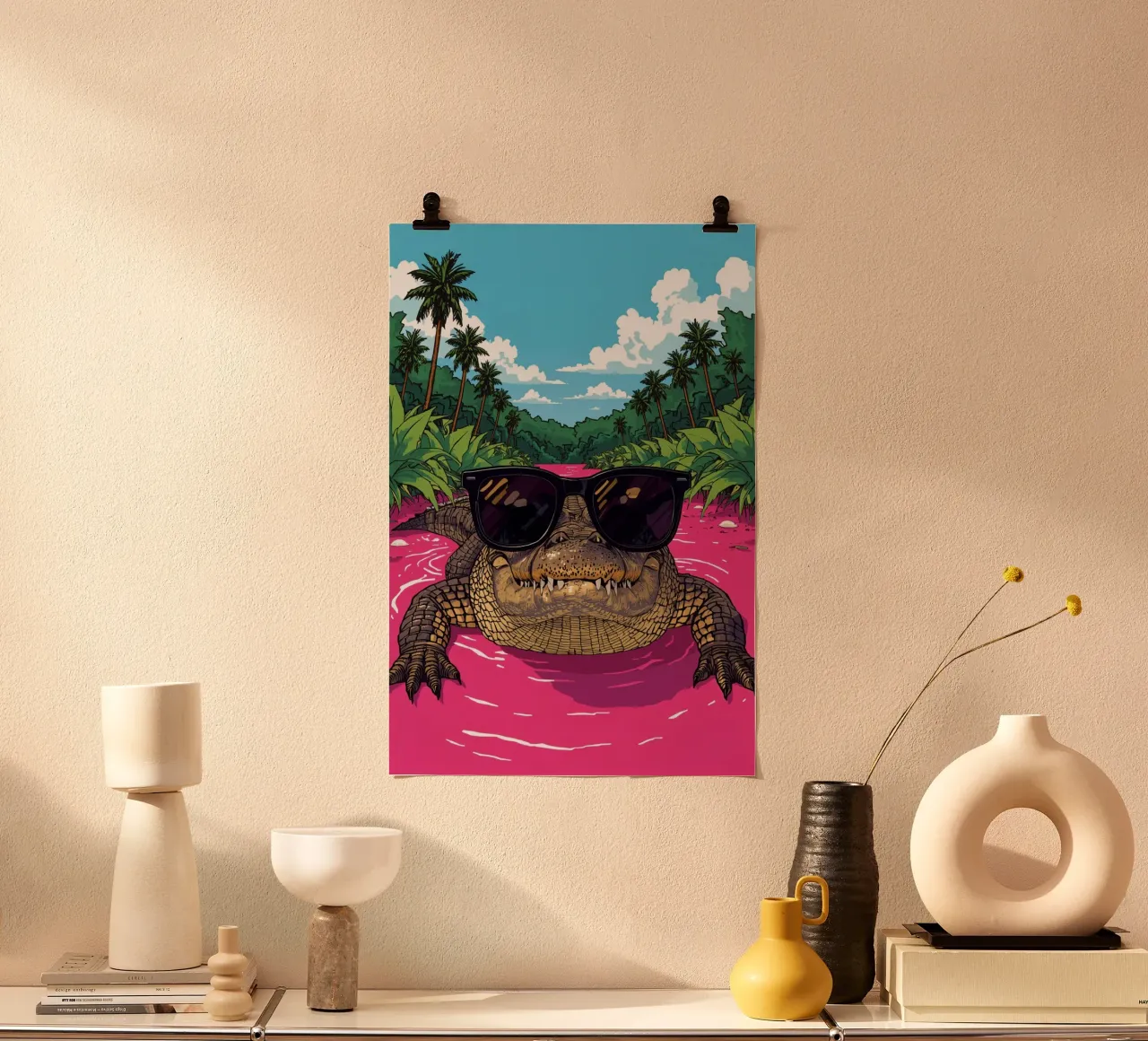 Alligatore con occhiali da sole in acqua rosa Paesaggio tropicale poster da DesignDoodle