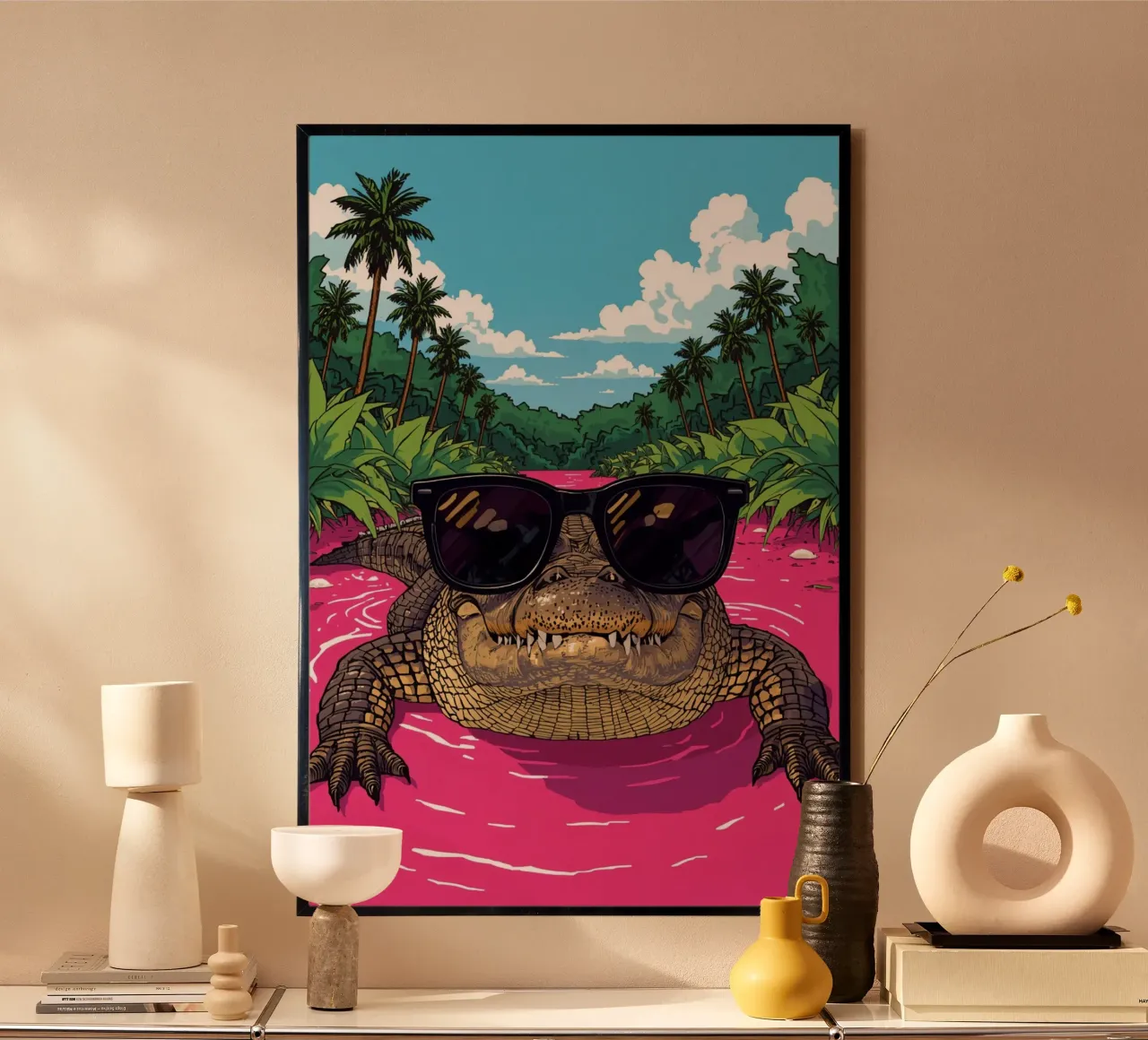 Alligatore con occhiali da sole in acqua rosa Paesaggio tropicale poster da DesignDoodle