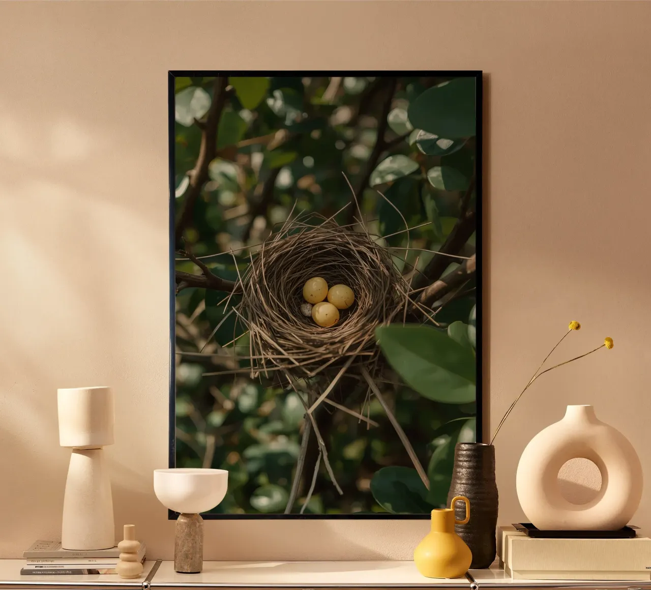 Nido di uccelli con uova in un cespuglio poster con telaio in plastica da DesignDoodle