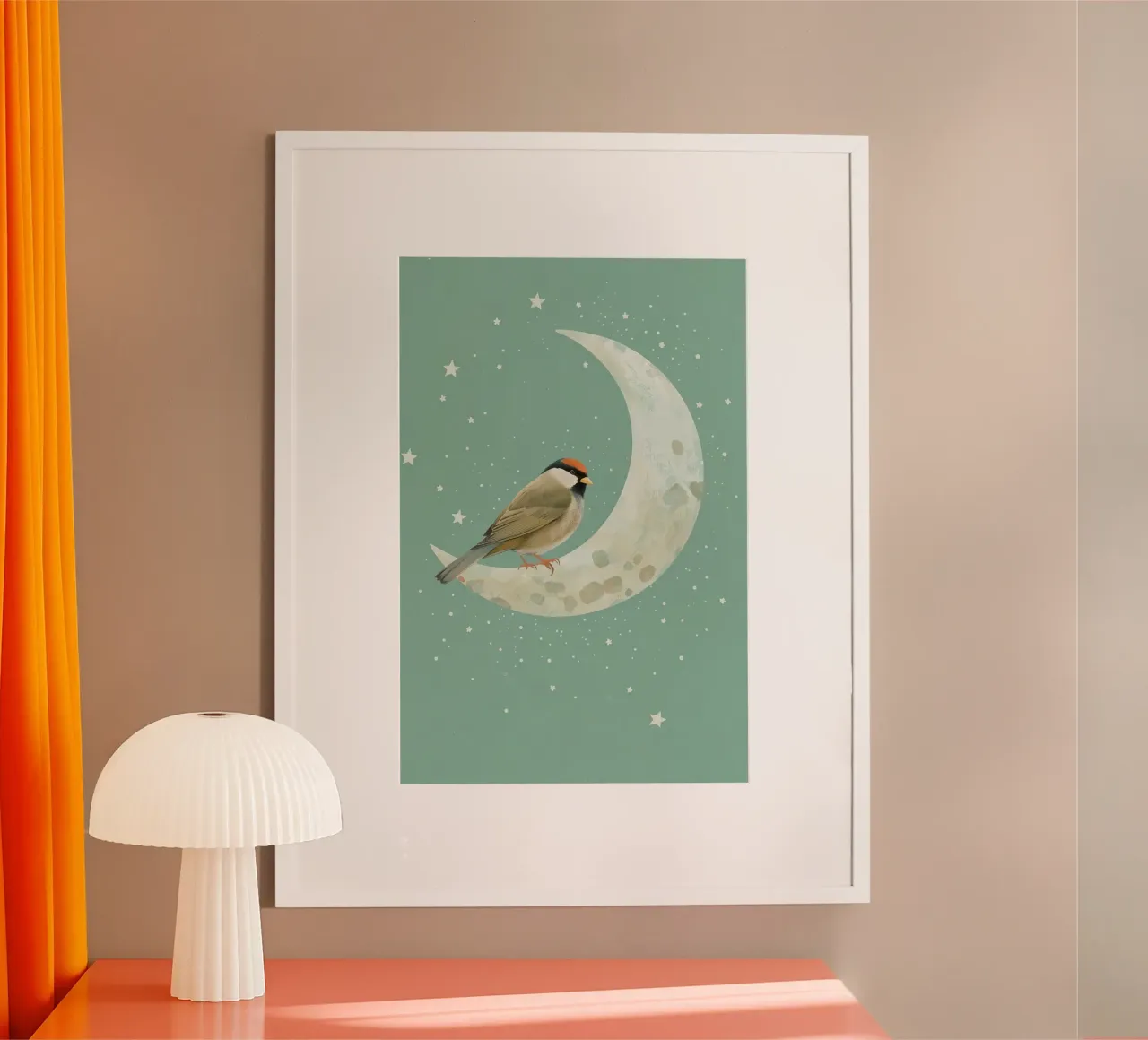 Uccello su mezzaluna con stelle Illustrazione poster da DesignDoodle