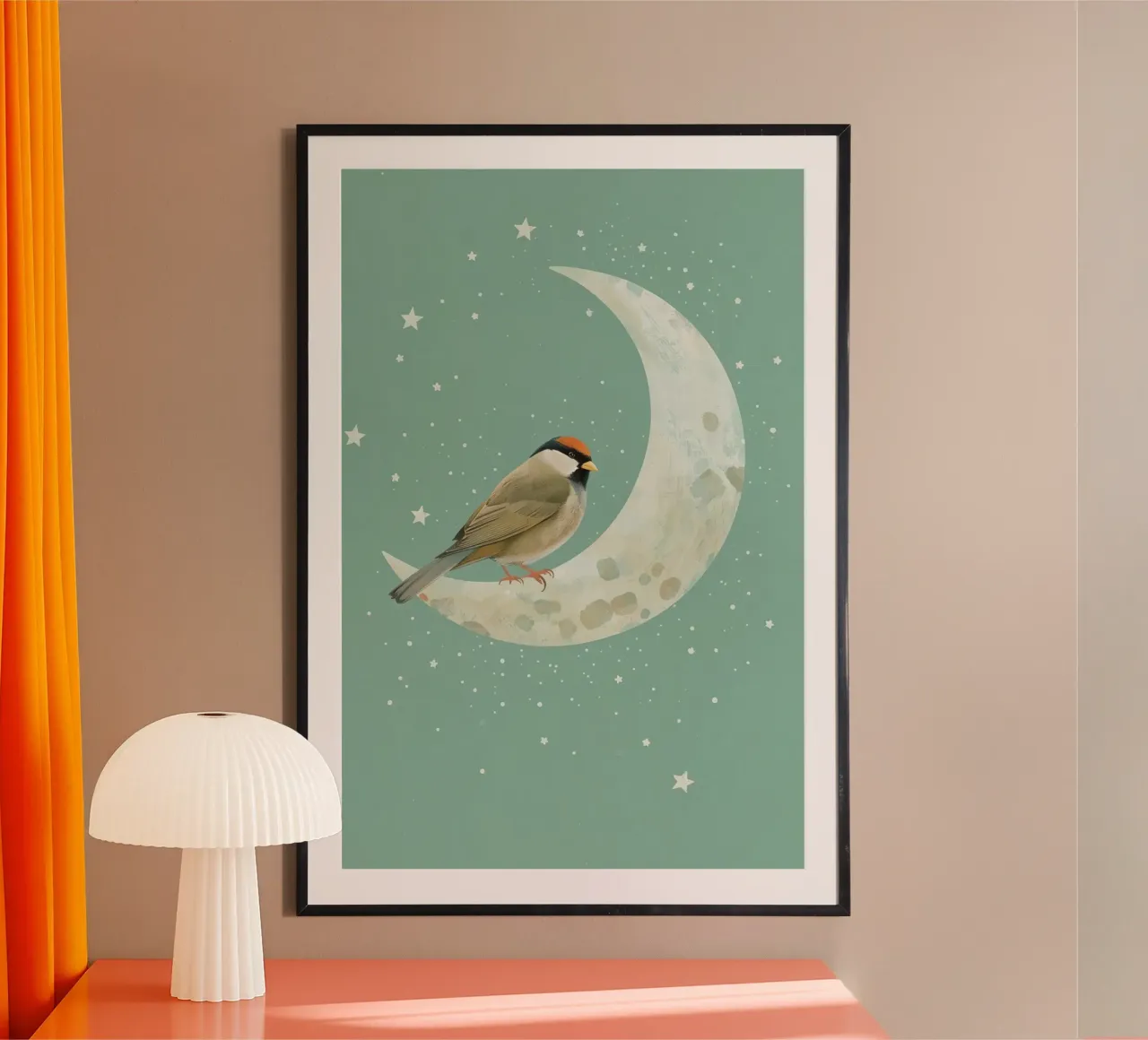 Uccello su mezzaluna con stelle Illustrazione poster da DesignDoodle