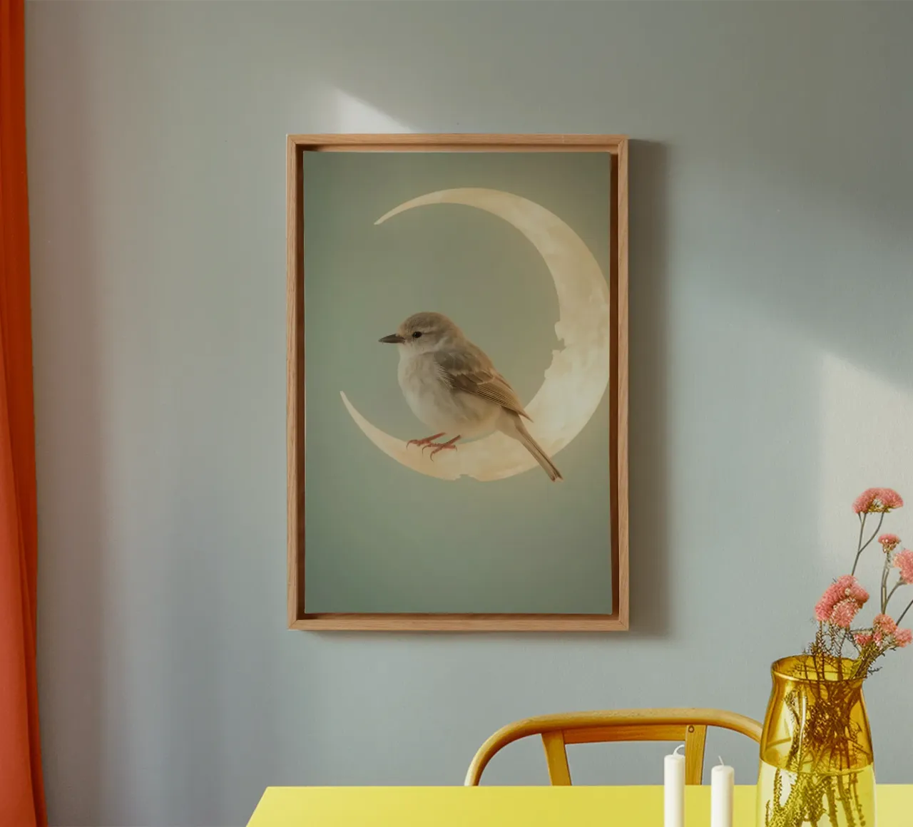 Bird Perched on Crescent Moon canvas with Floater frame by DesignDoodle