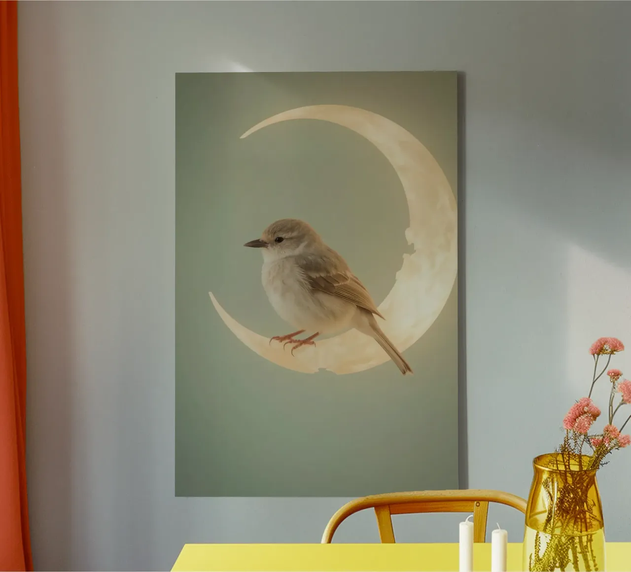 Bird Perched on Crescent Moon canvas with Floater frame by DesignDoodle