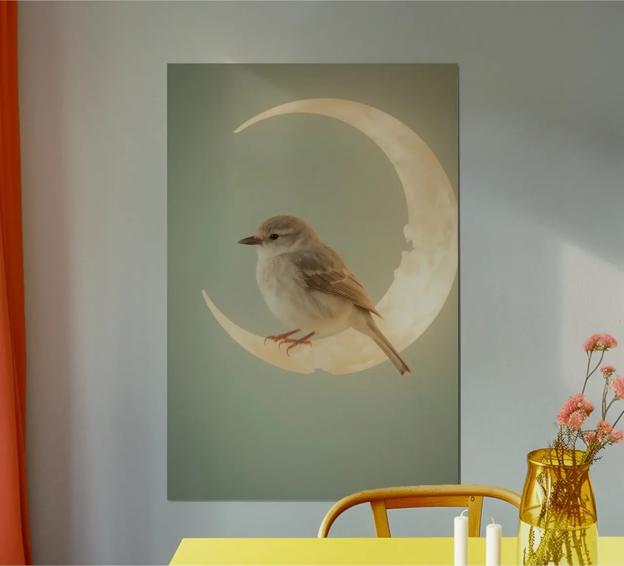 Uccello appollaiato sulla mezzaluna poster con telaio in alluminio da DesignDoodle