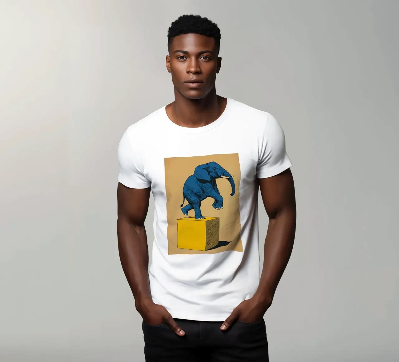 Eléphant bleu en équilibre sur un cube jaune t-shirt de DesignDoodle