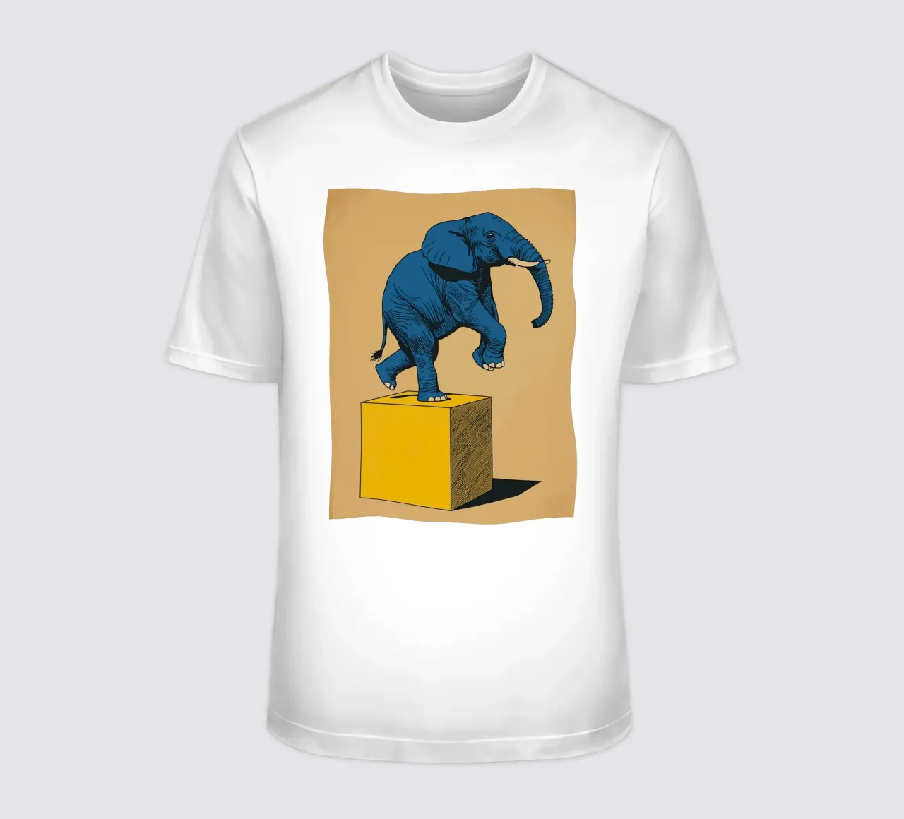 Eléphant bleu en équilibre sur un cube jaune t-shirt de DesignDoodle