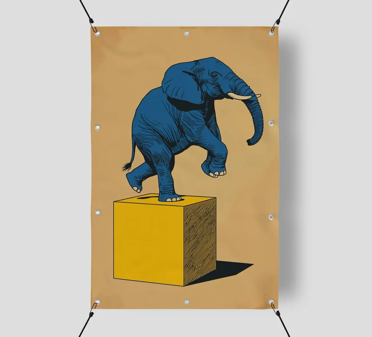 Eléphant bleu en équilibre sur un cube jaune bâche pvc de DesignDoodle