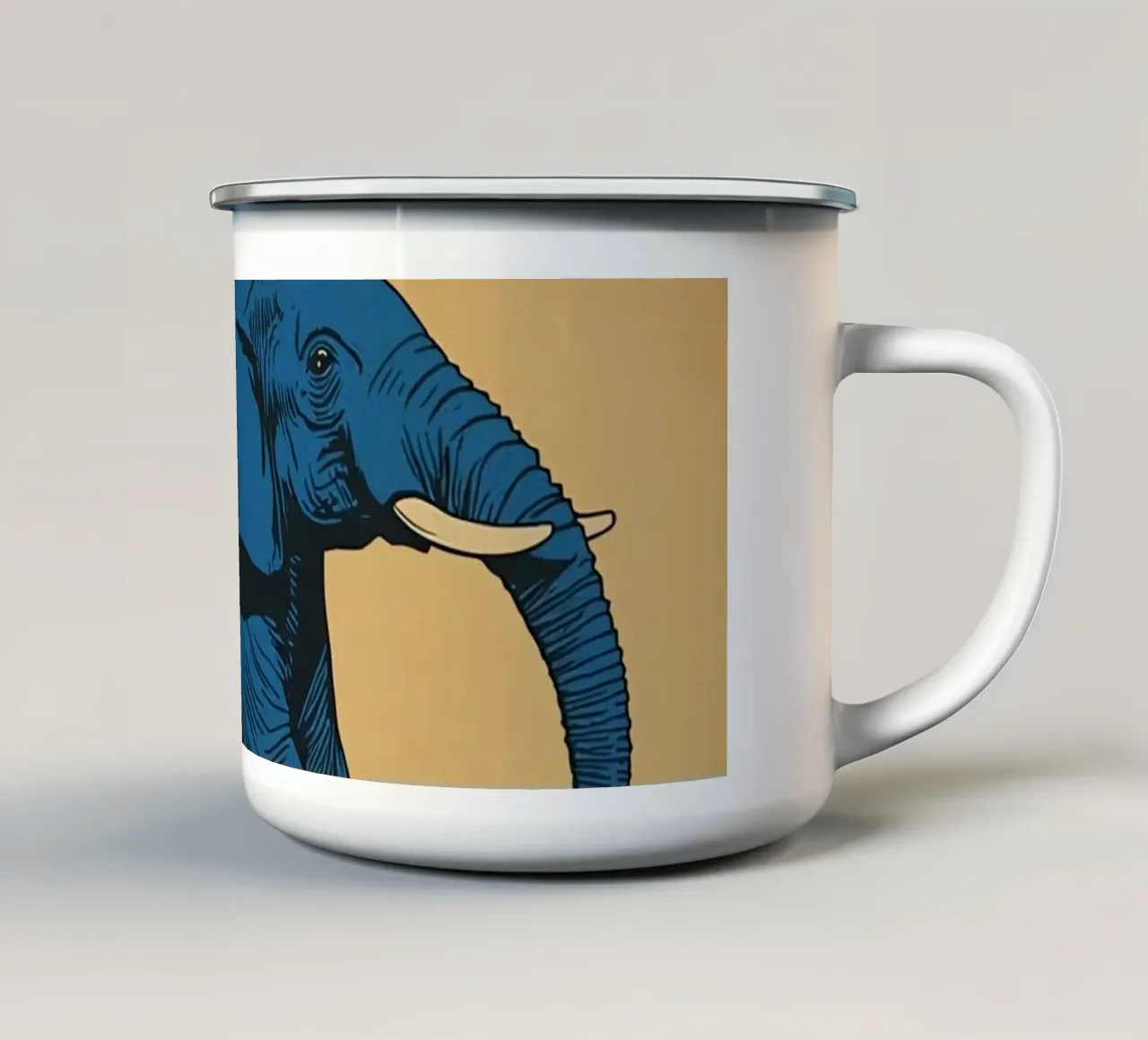Eléphant bleu en équilibre sur un cube jaune mug en émail de DesignDoodle