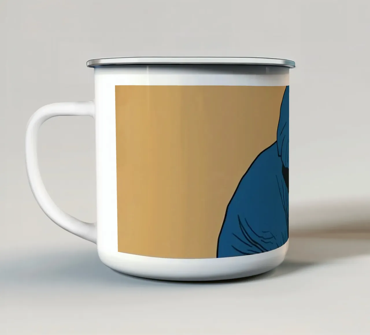 Eléphant bleu en équilibre sur un cube jaune mug en émail de DesignDoodle