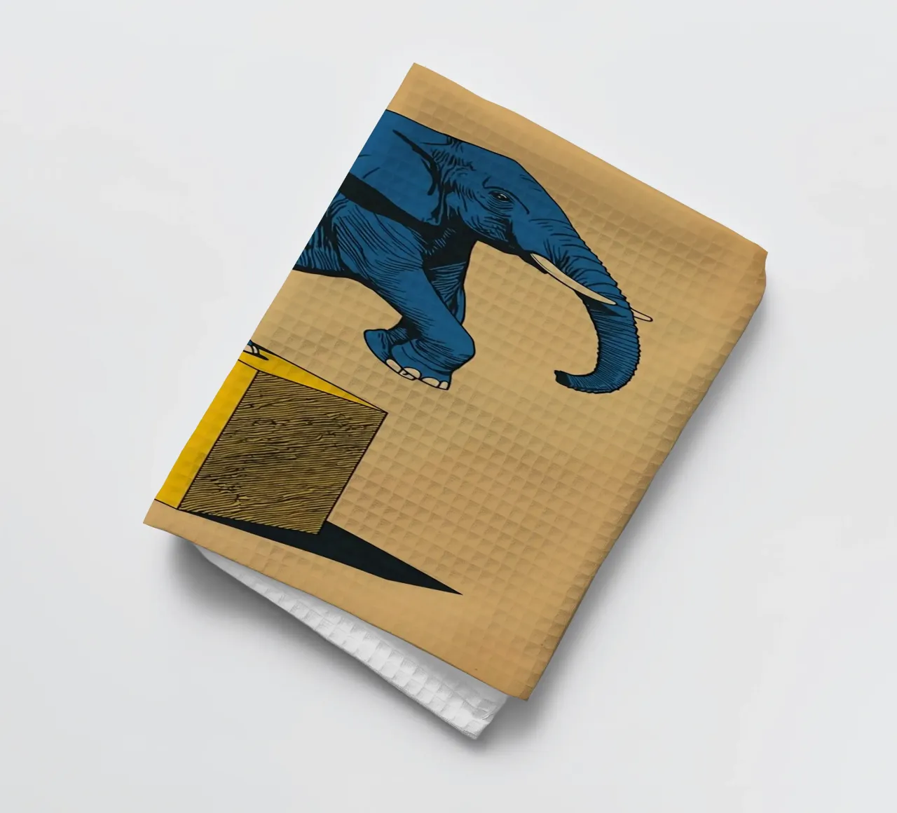 Eléphant bleu en équilibre sur un cube jaune torchon de DesignDoodle