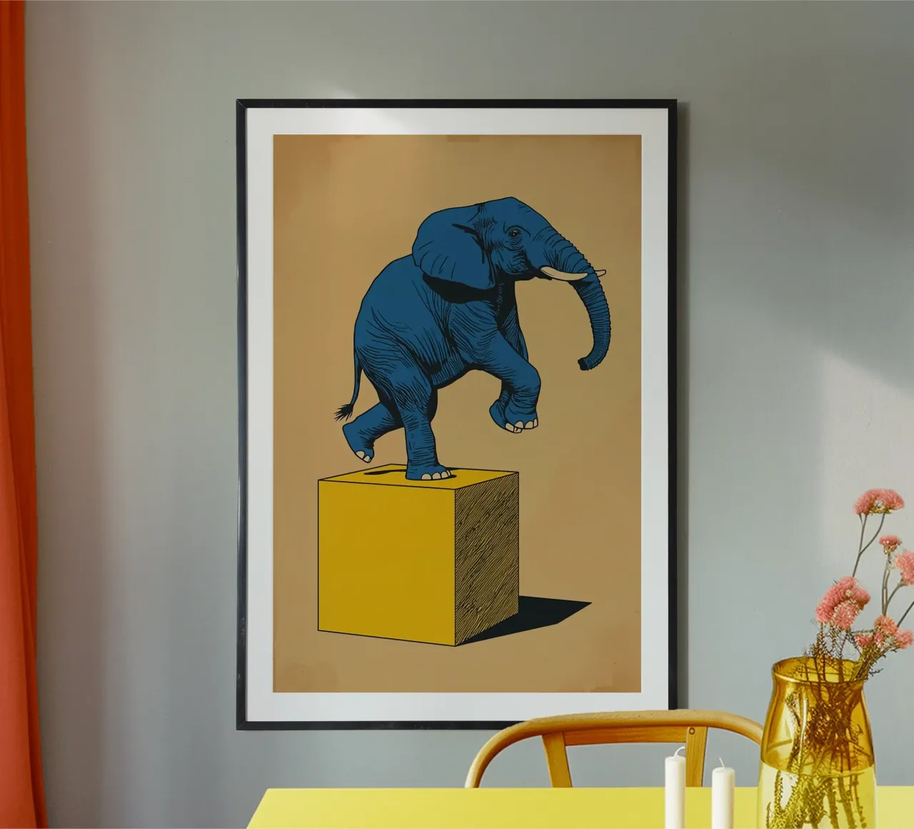 Elefante blu in equilibrio su un cubo giallo poster da DesignDoodle