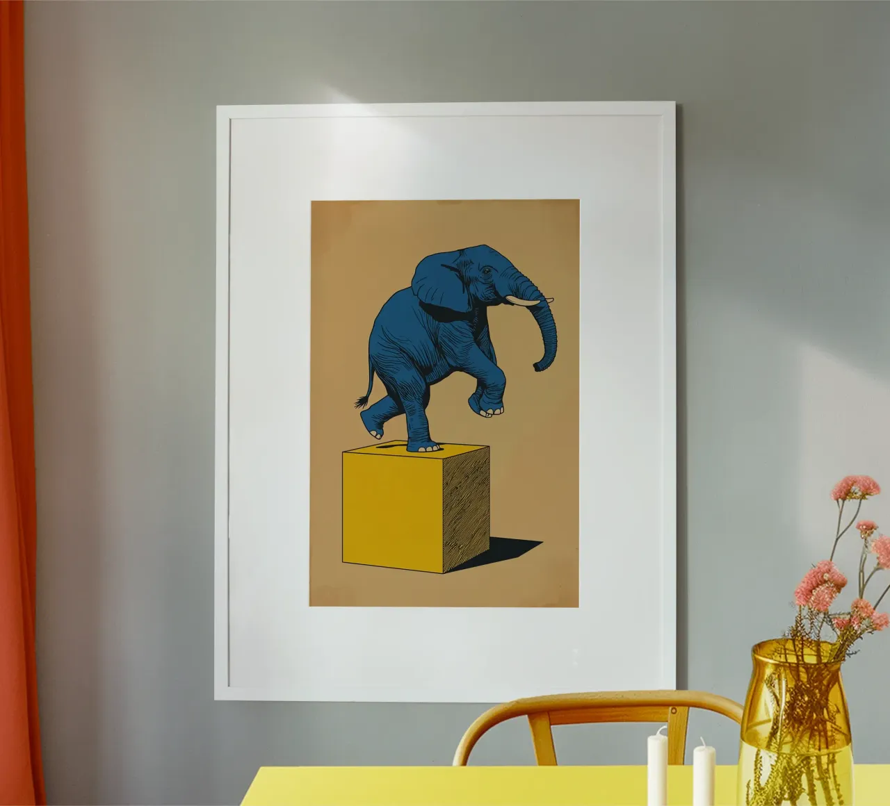 Elefante blu in equilibrio su un cubo giallo poster da DesignDoodle