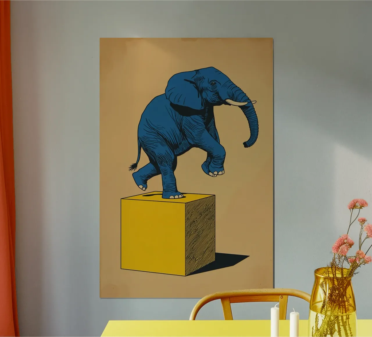 Elefante blu in equilibrio su un cubo giallo poster da DesignDoodle