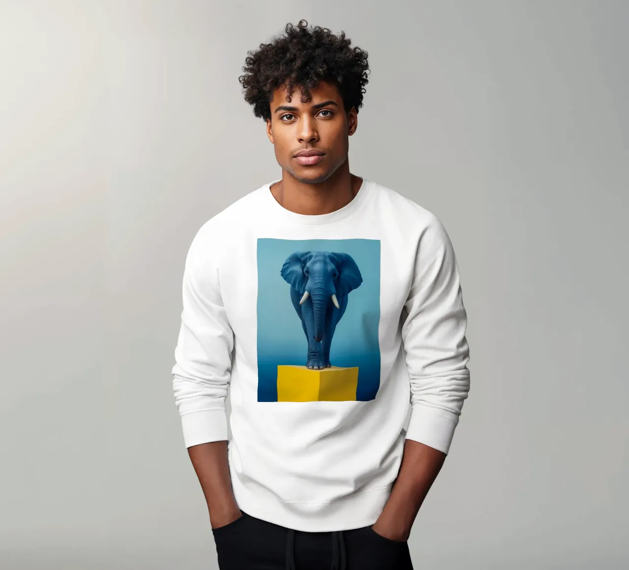 Eléphant bleu debout sur un cube jaune sweat de DesignDoodle
