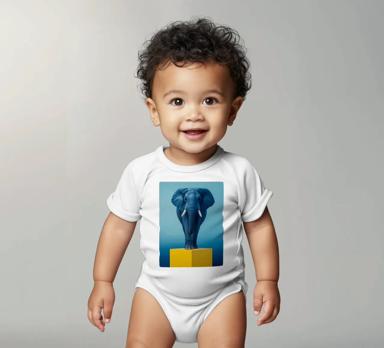 Eléphant bleu debout sur un cube jaune body bébé de DesignDoodle