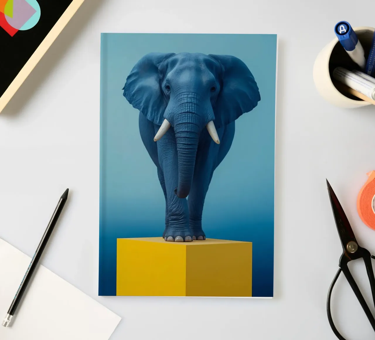Eléphant bleu debout sur un cube jaune carnet de notes de DesignDoodle