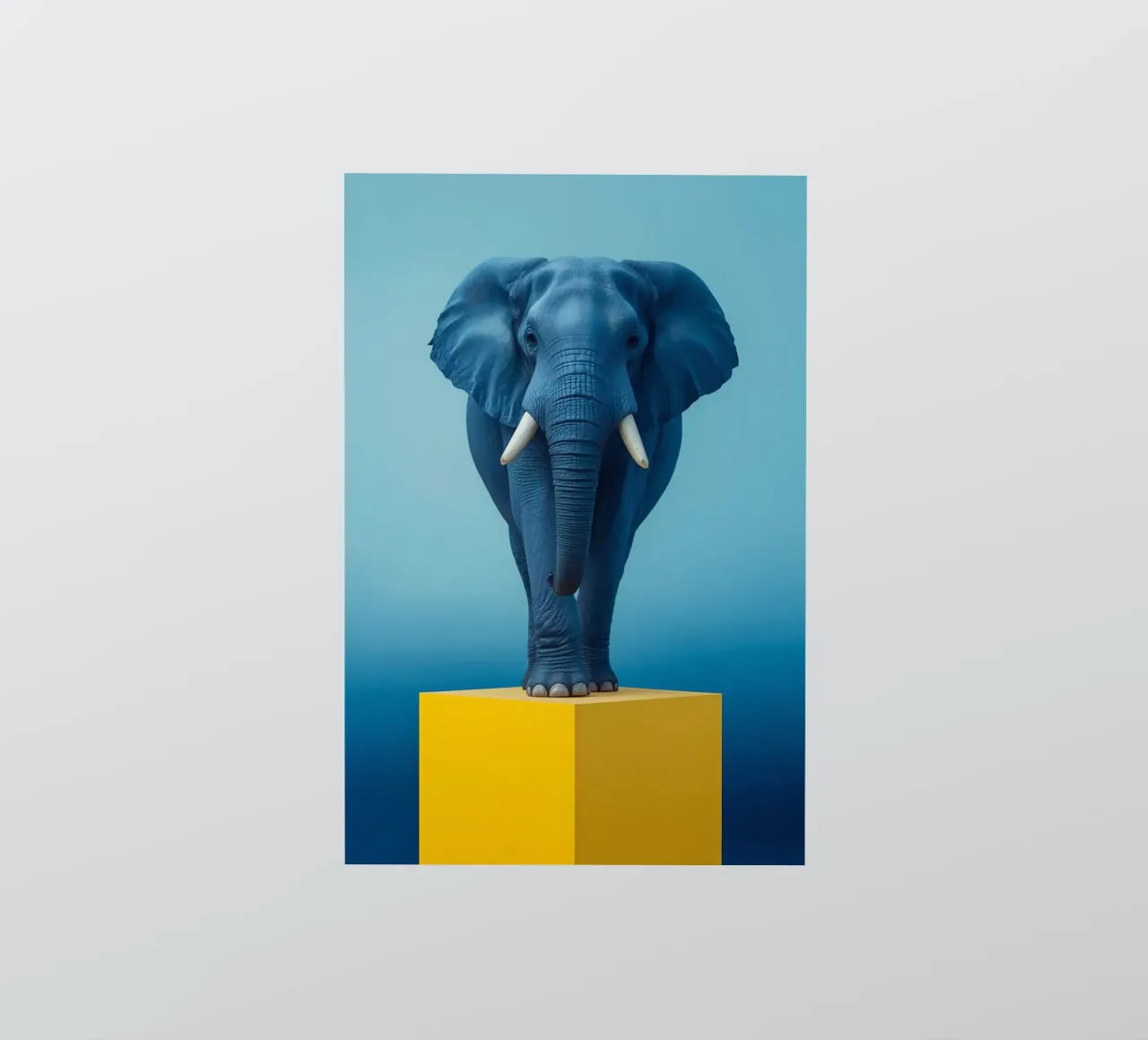 Eléphant bleu debout sur un cube jaune autocollant de DesignDoodle