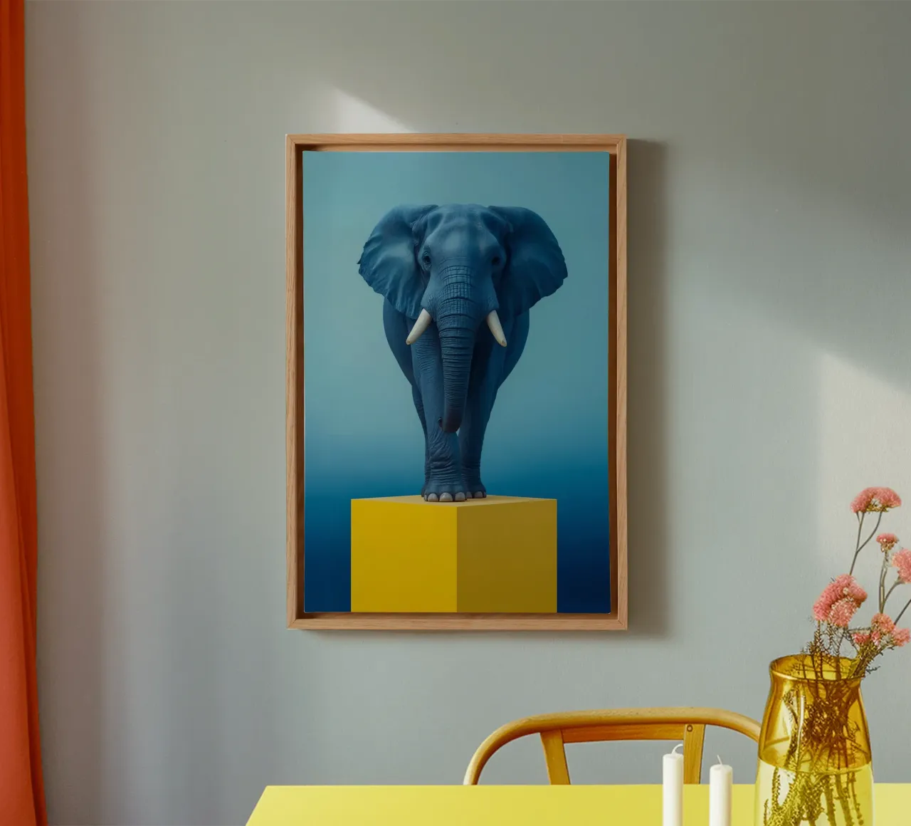 Eléphant bleu debout sur un cube jaune toile avec Caisse américaine de DesignDoodle