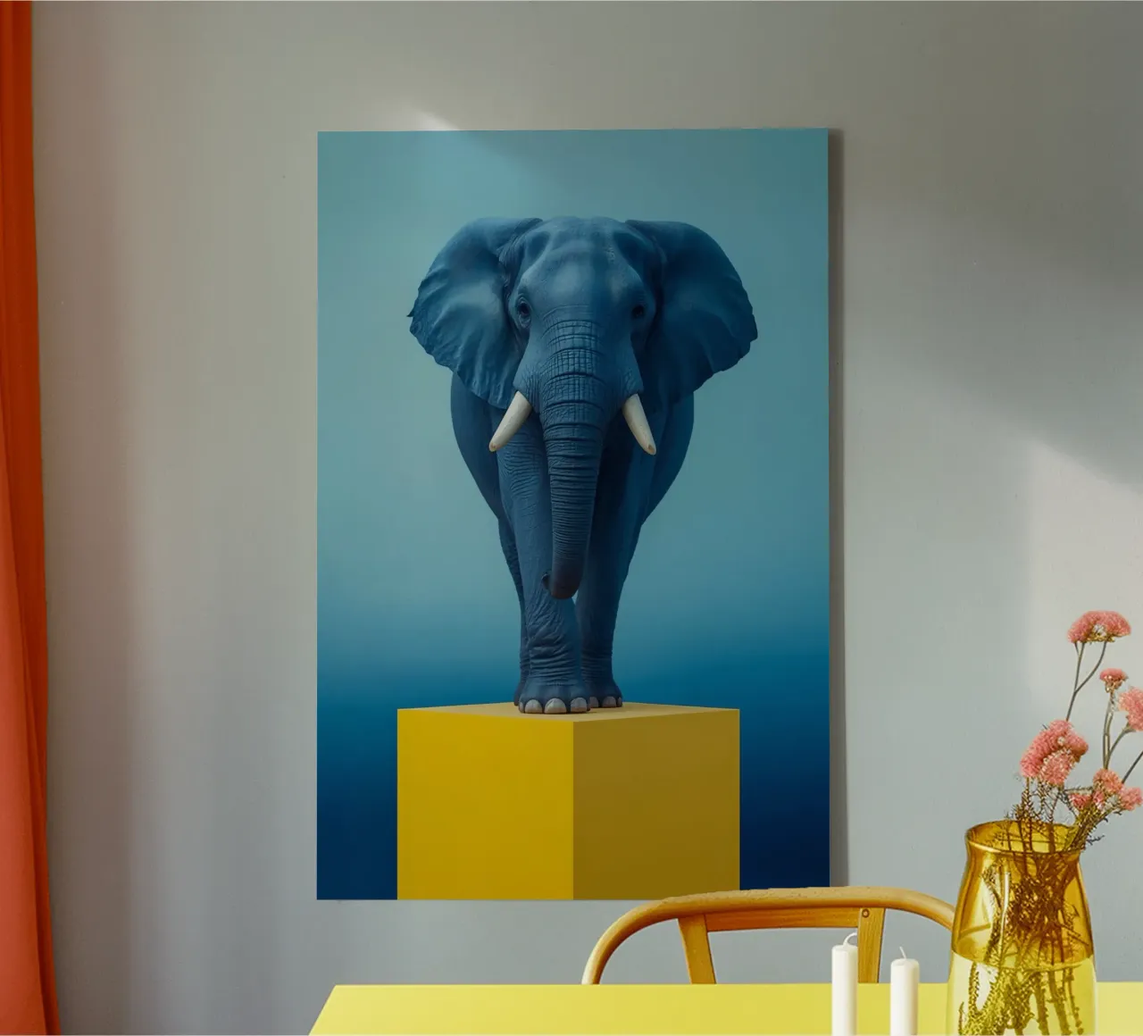 Eléphant bleu debout sur un cube jaune toile avec Caisse américaine de DesignDoodle