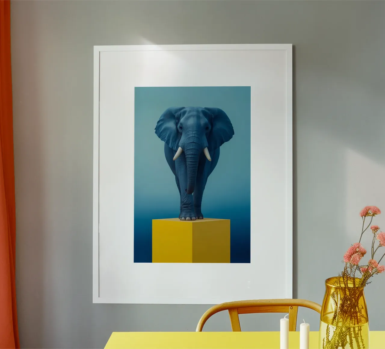 Elefante blu in piedi su un cubo giallo poster da DesignDoodle