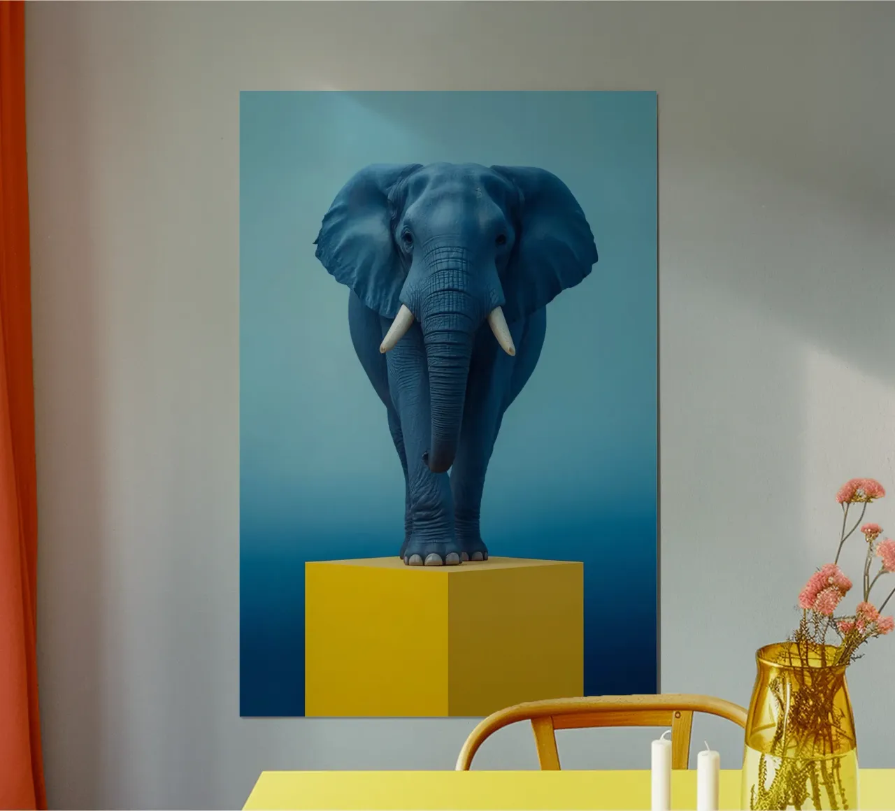 Elefante blu in piedi su un cubo giallo poster da DesignDoodle