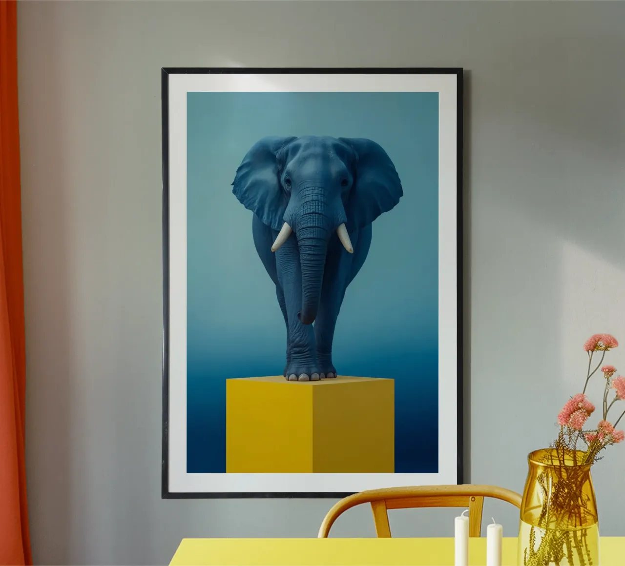 Elefante blu in piedi su un cubo giallo poster da DesignDoodle