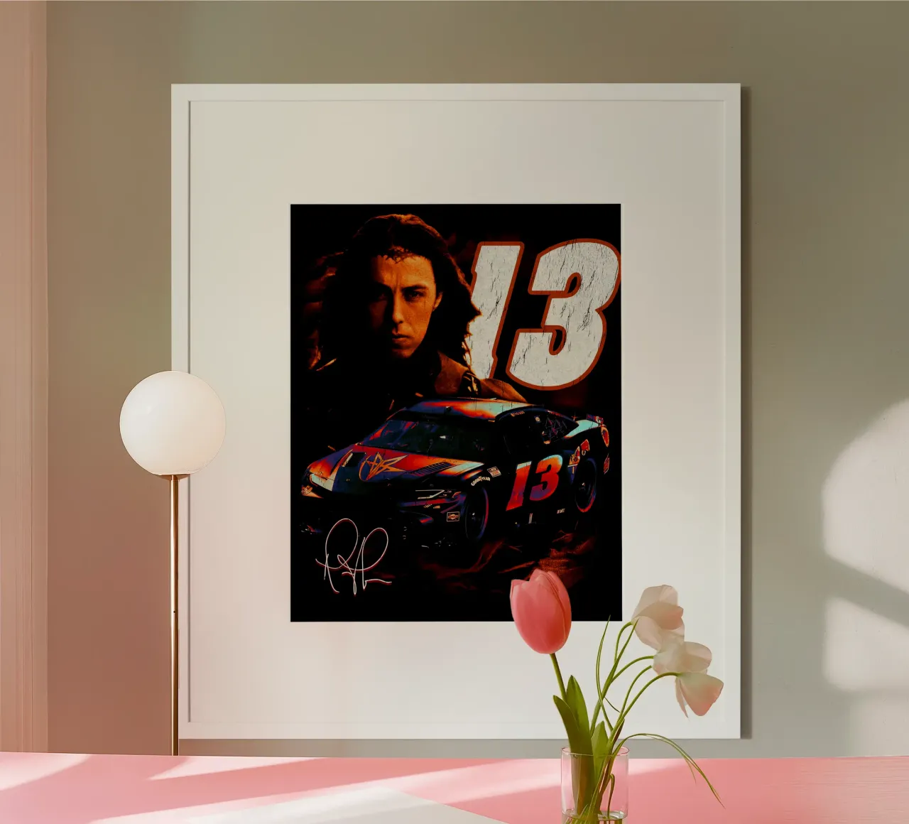 Tee per auto da corsa che cadono in retromarcia poster con telaio in alluminio da andrea boceli