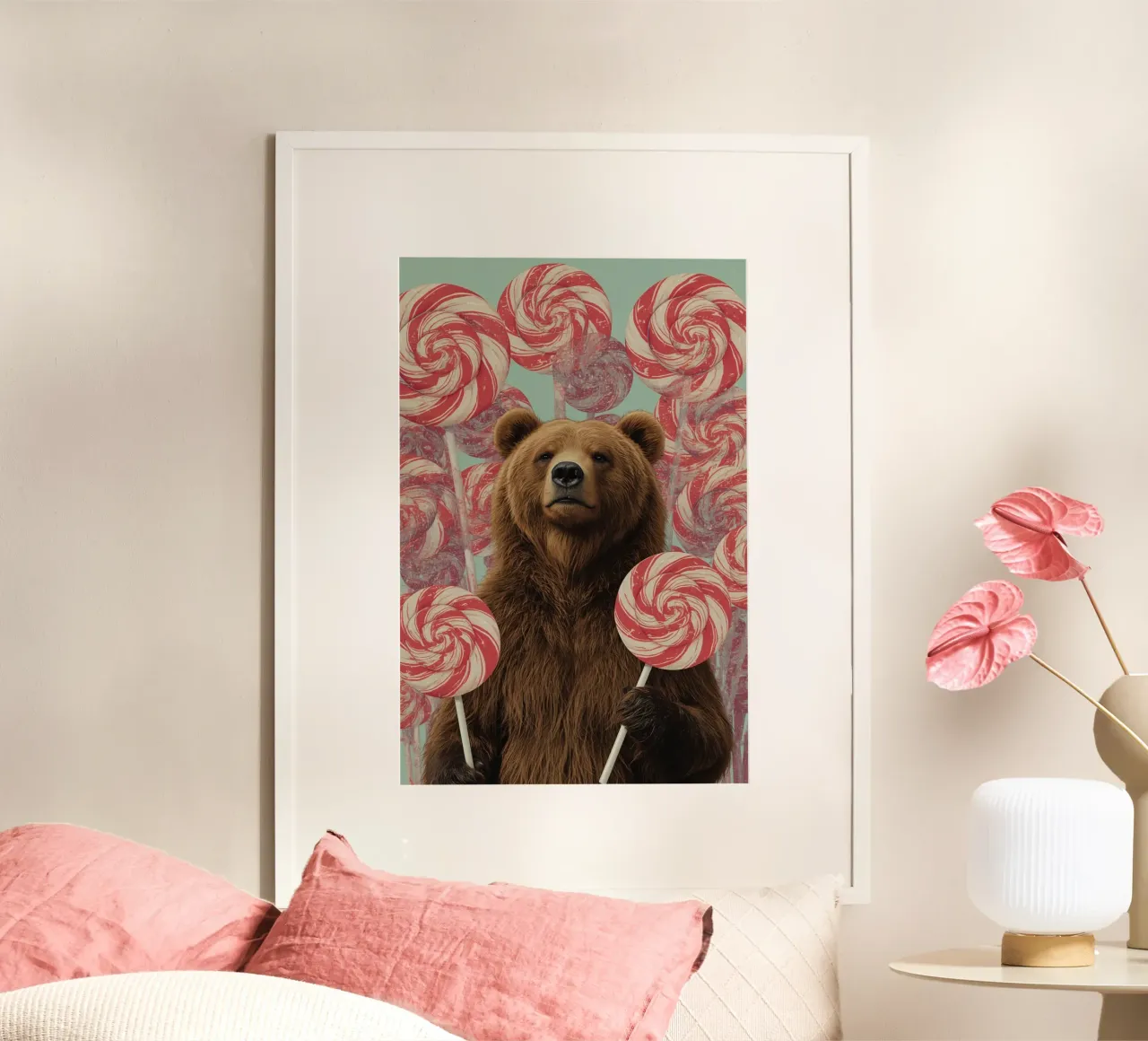 Orso marrone che tiene in mano lecca-lecca a spirale poster da DesignDoodle
