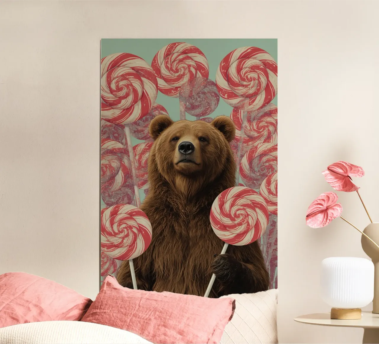 Orso marrone che tiene in mano lecca-lecca a spirale poster da DesignDoodle