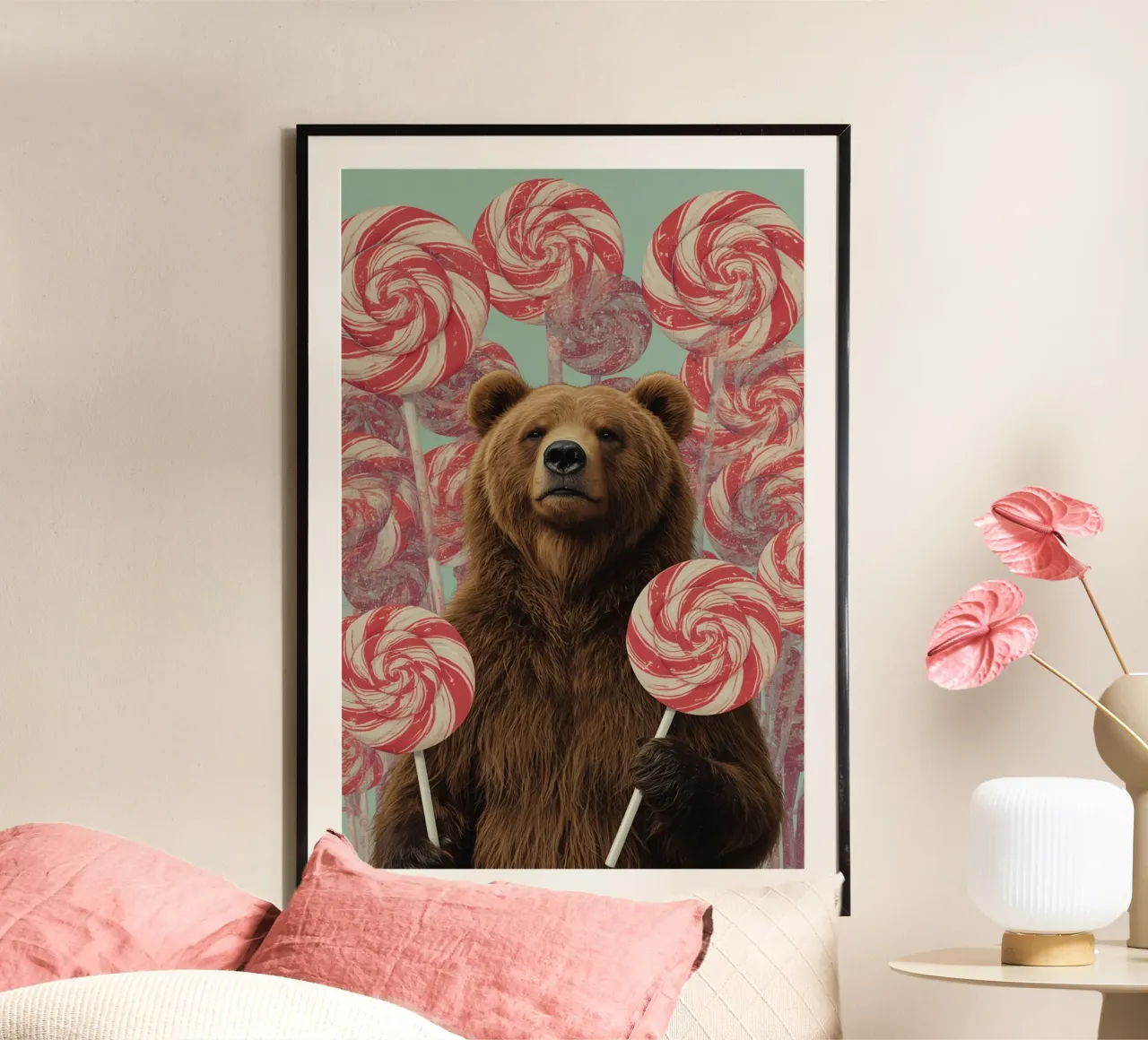 Orso marrone che tiene in mano lecca-lecca a spirale poster da DesignDoodle