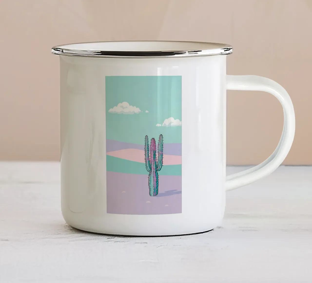 Cactus in un paesaggio desertico a tinte pastello tazza in smalto da DesignDoodle
