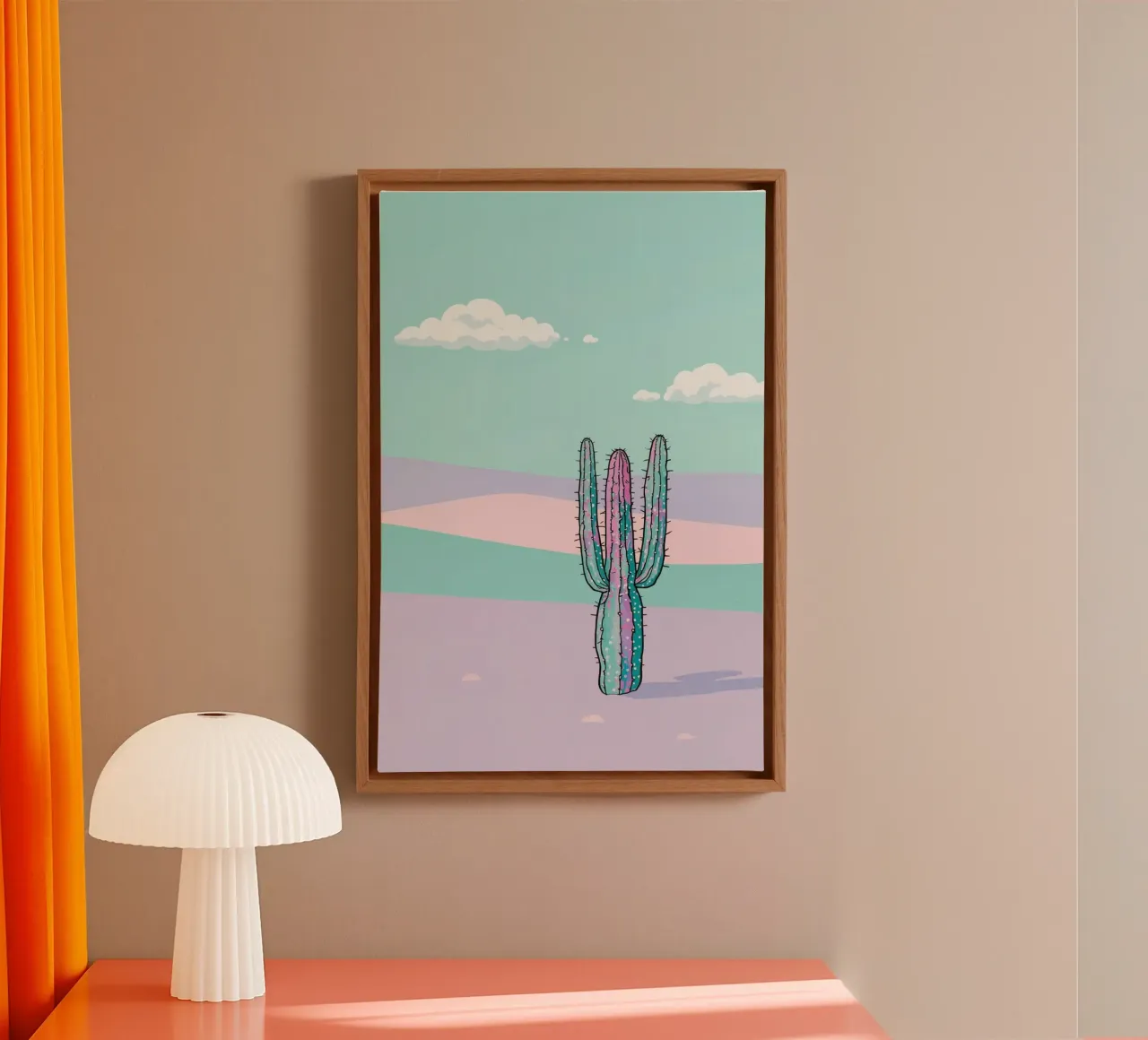 Cactus in un paesaggio desertico a tinte pastello tela con Cornice a cassetta da DesignDoodle