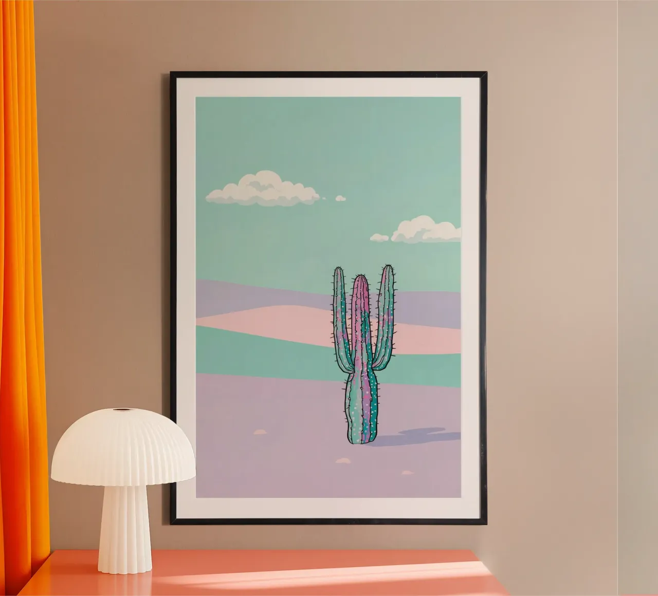 Cactus in un paesaggio desertico a tinte pastello poster con telaio in legno da DesignDoodle