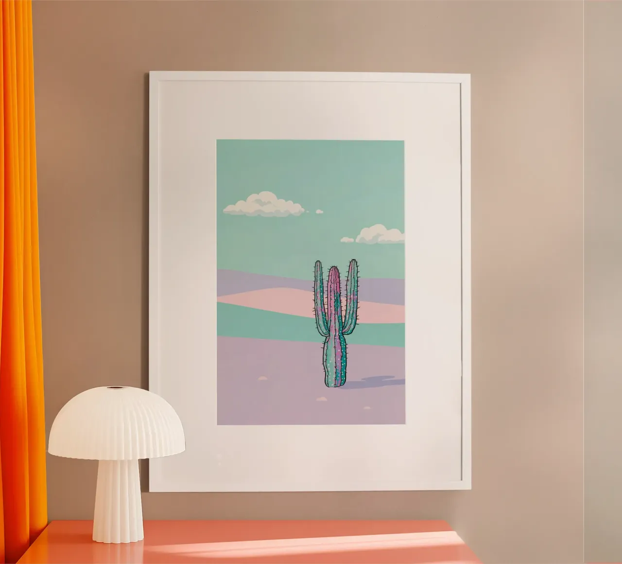 Cactus in un paesaggio desertico a tinte pastello poster con telaio in legno da DesignDoodle