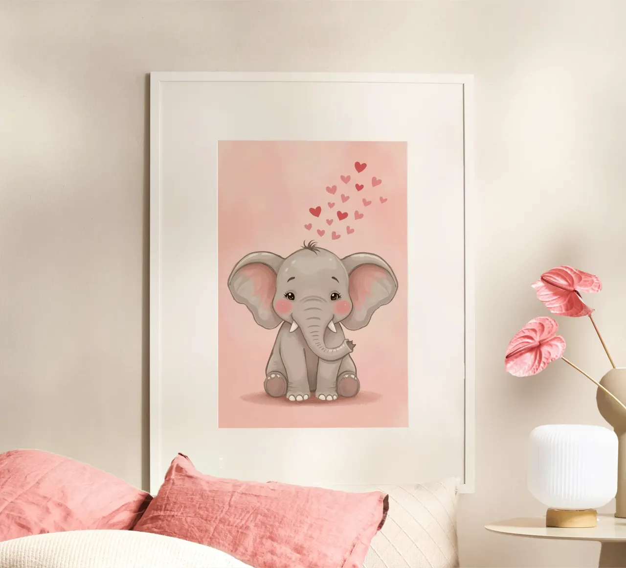 Cartoon Baby Elephant with Hearts on Pink Background poster by DesignDoodle