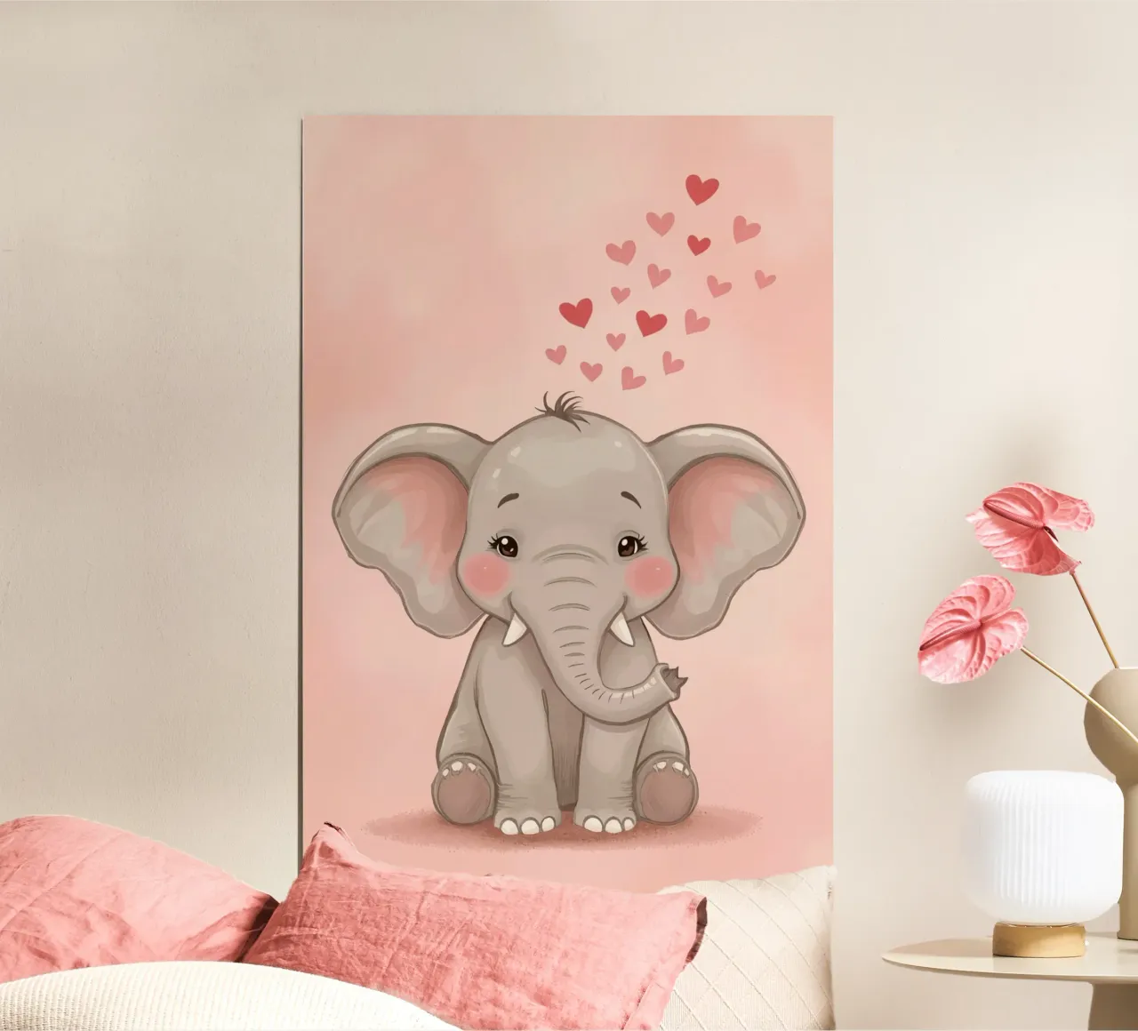 Cartoon Baby Elephant with Hearts on Pink Background poster by DesignDoodle
