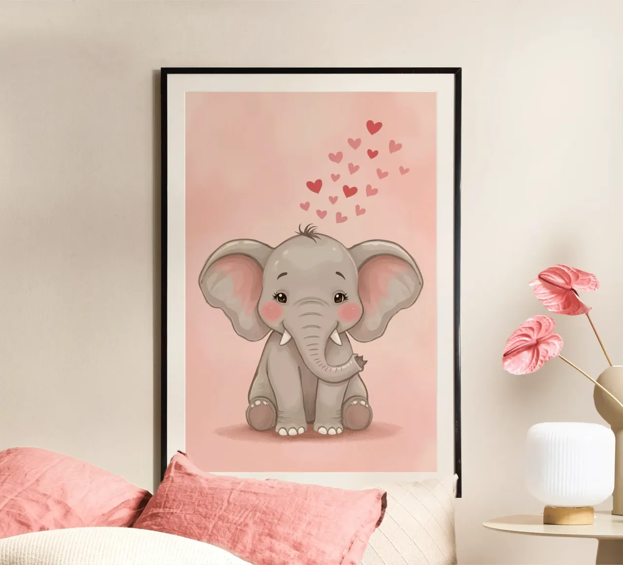 Cartoon Baby Elephant with Hearts on Pink Background poster by DesignDoodle