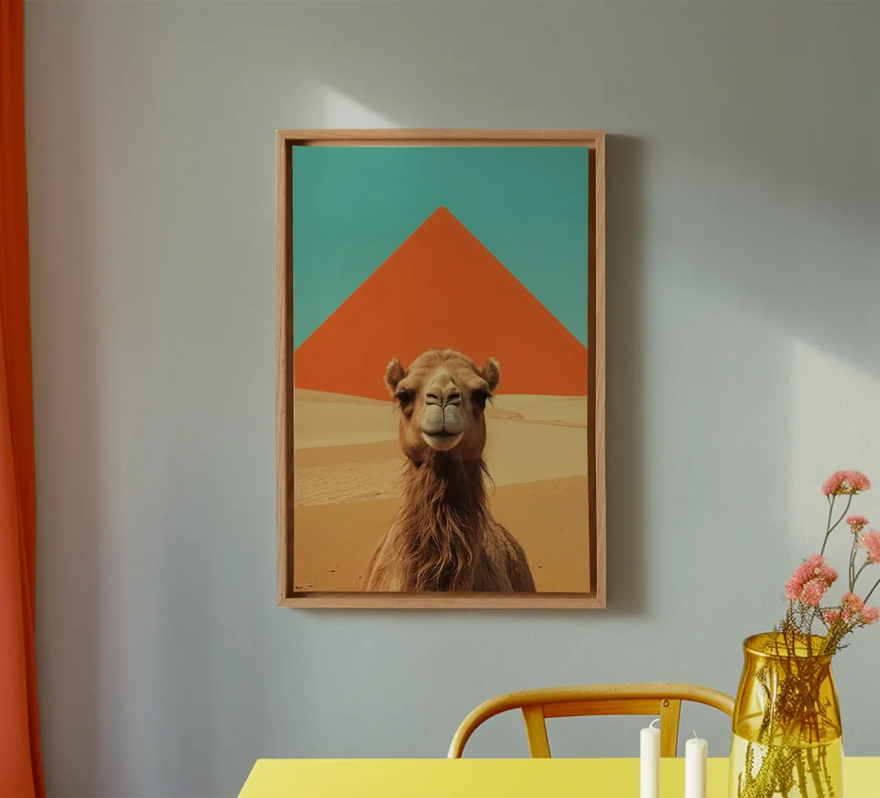 Camel Portrait in Desert with Pyramid canvas with Floater frame by DesignDoodle