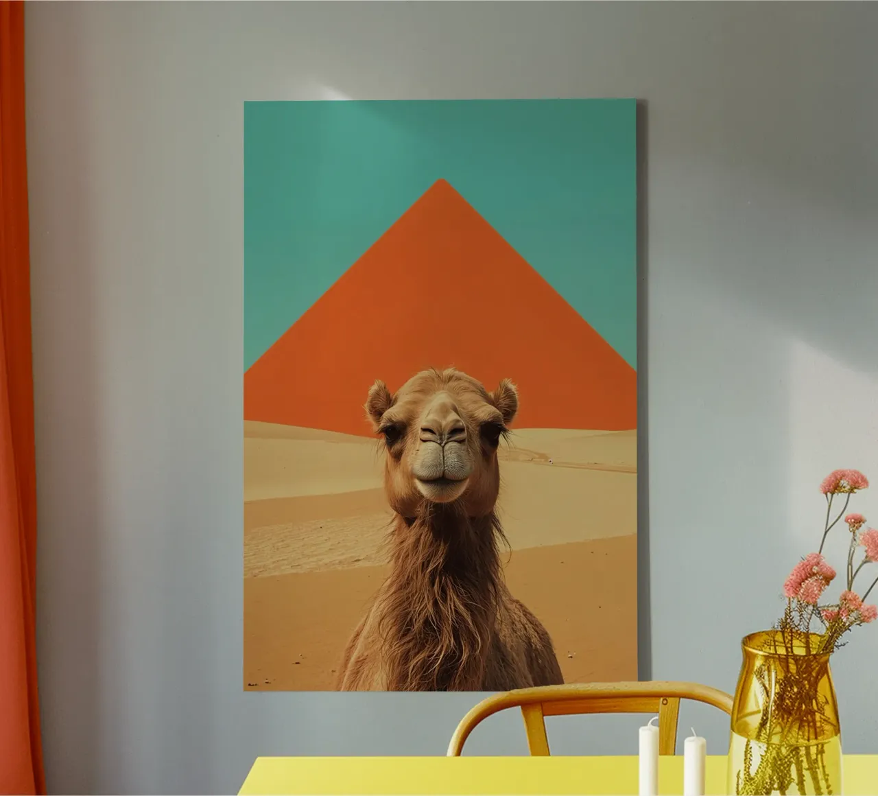Camel Portrait in Desert with Pyramid canvas with Floater frame by DesignDoodle
