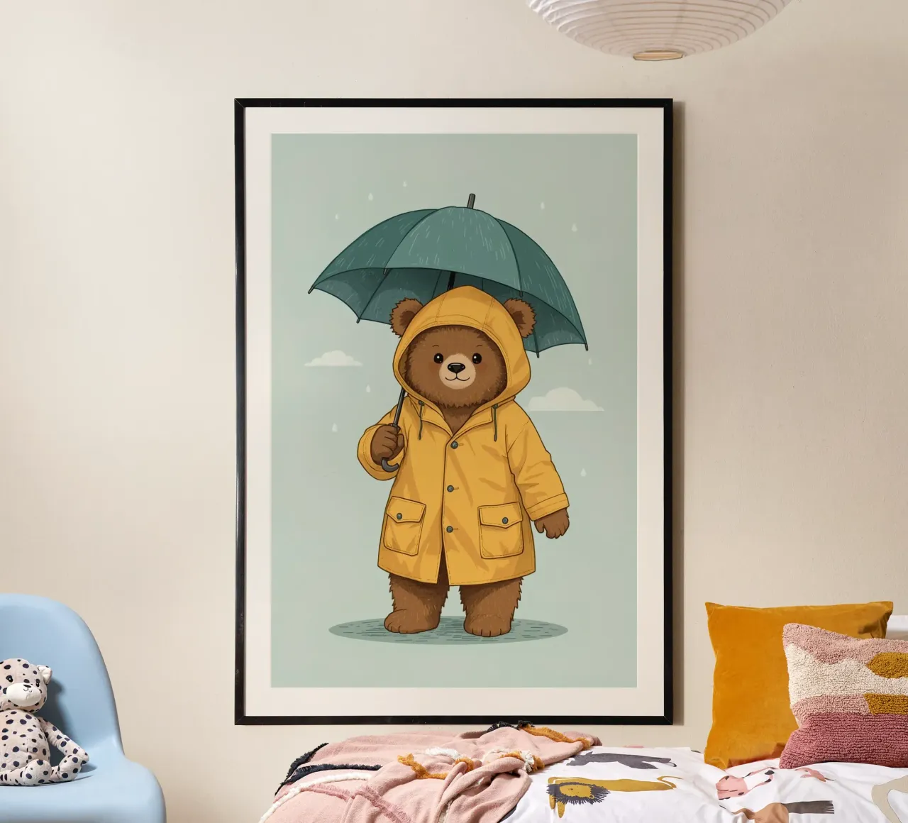 Ours caricatural portant un imperméable et tenant un parapluie poster de DesignDoodle