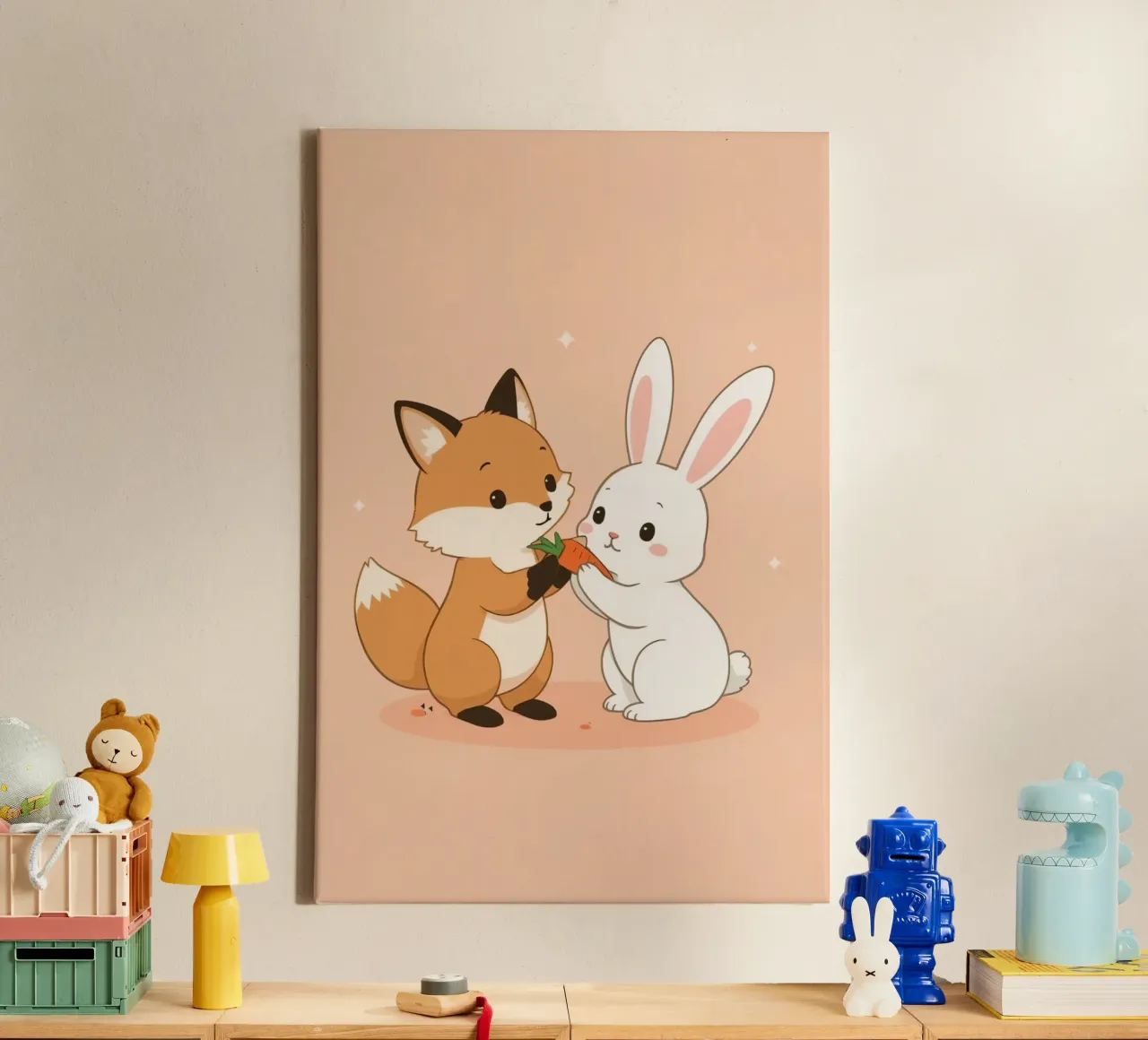 Cartoon Fox and Rabbit Sharing Carrot canvas with Floater frame by DesignDoodle