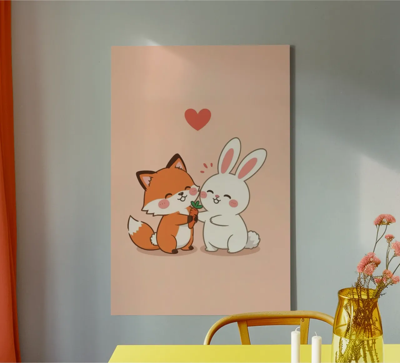 Zorro cariñoso de dibujos animados dando una zanahoria a un conejo lienzo con Marco flotante de DesignDoodle